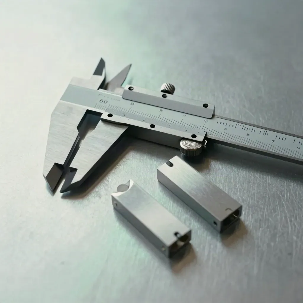 Macro still life of micrometer, calipers and aluminium offcuts on brushed metal with mint glint.