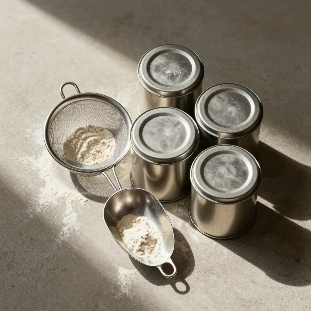 Stainless scoop, sieve ring, and ingredient tins on concrete with flour dust and hard shadow.