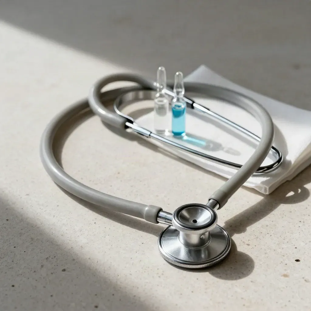 Stethoscope, ampoule tray, and gauze on pale stone in soft daylight