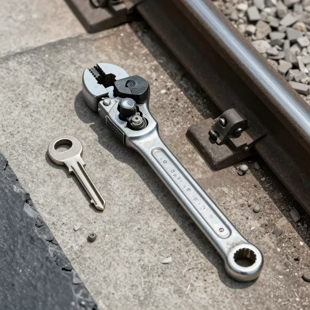 Rail gauge, clamp, wrench and fastener on weathered concrete.