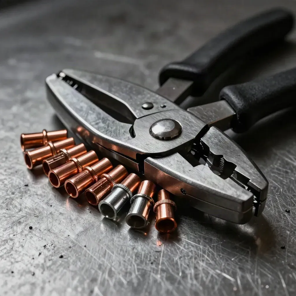 Crimpers, ferrules and insulated connectors on brushed metal in dramatic side light