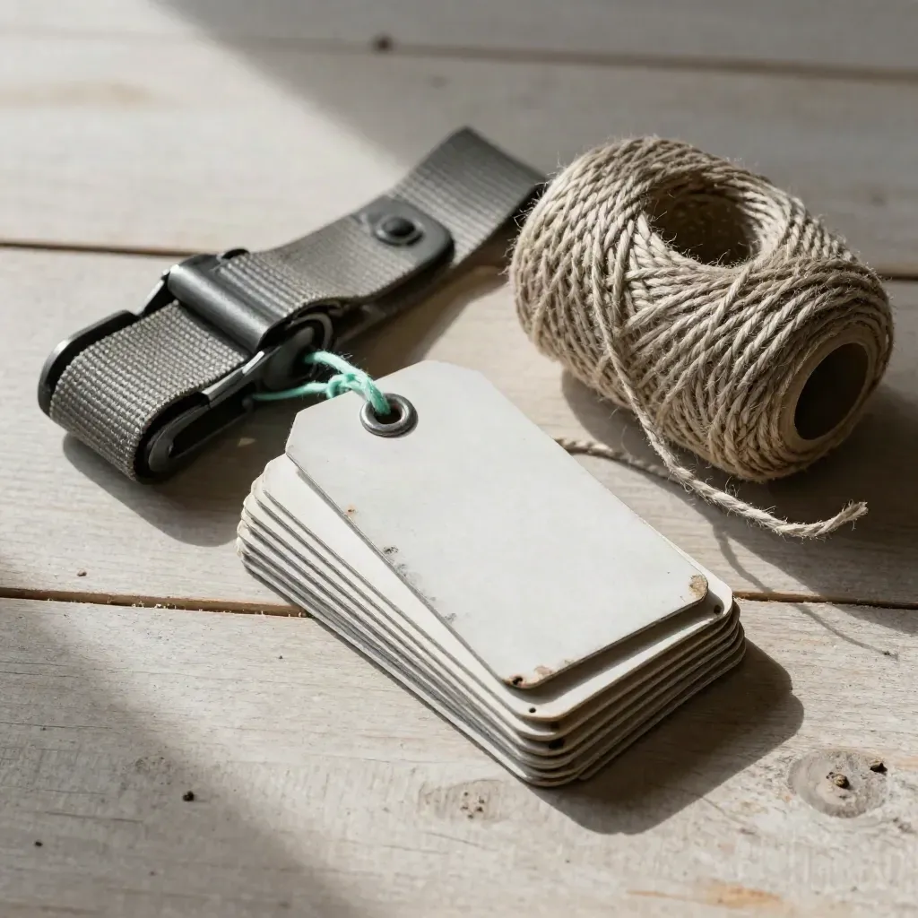 Cargo seal tags, a ratchet buckle and twine on pale wood, overhead and dust-lit