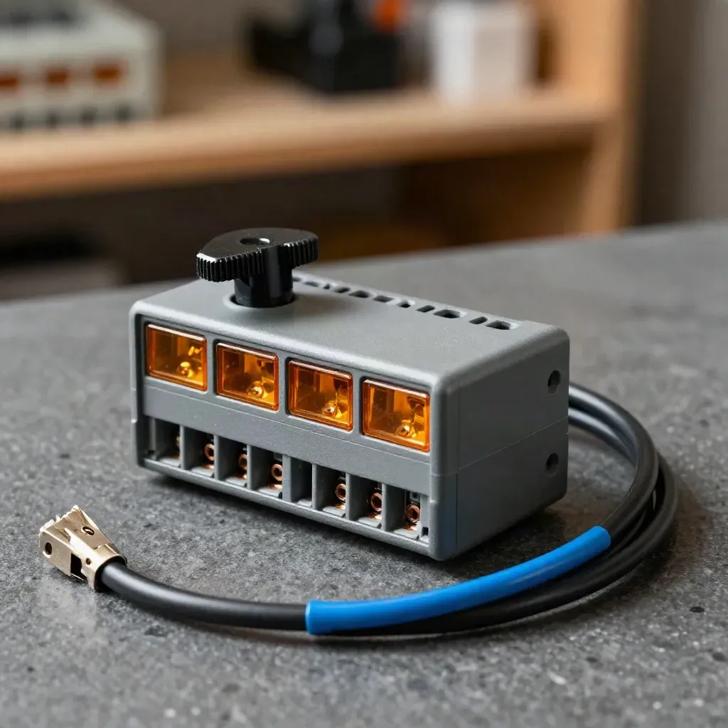 Macro relay module and patch leads on stone, lit from upper left, with an electric-blue accent.