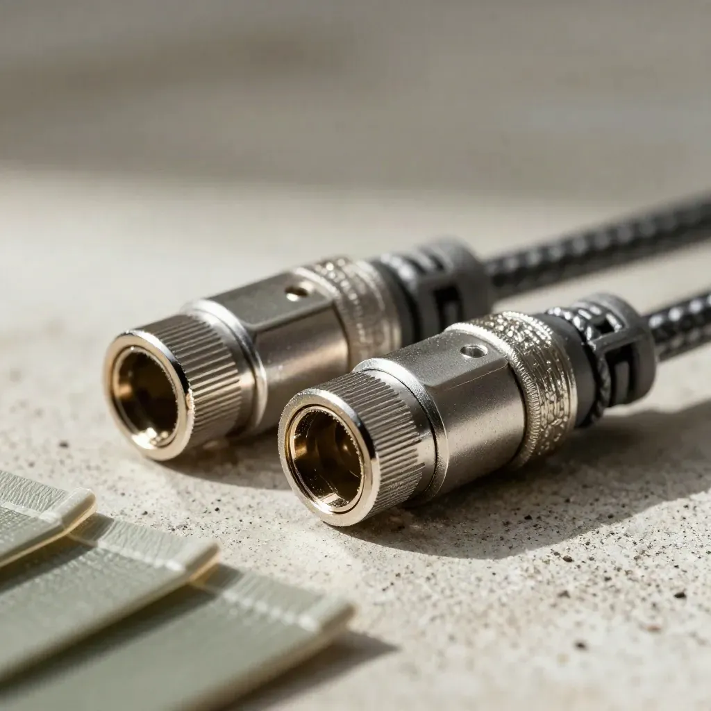 Two metal RJ45 couplers linked by a braided patch cord on pale concrete.