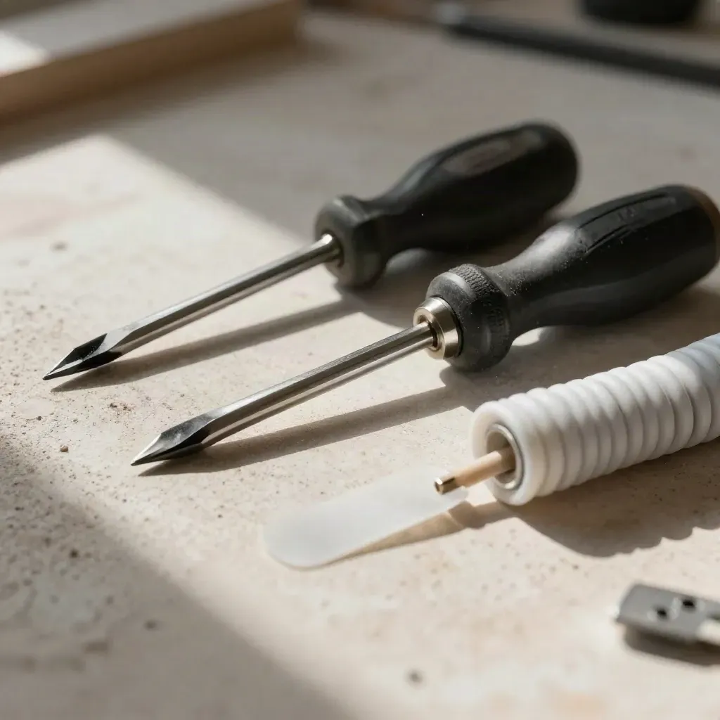 Precision screwdriver set, spudger, cable and adhesive strips on pale plaster with dust and tense daylight.