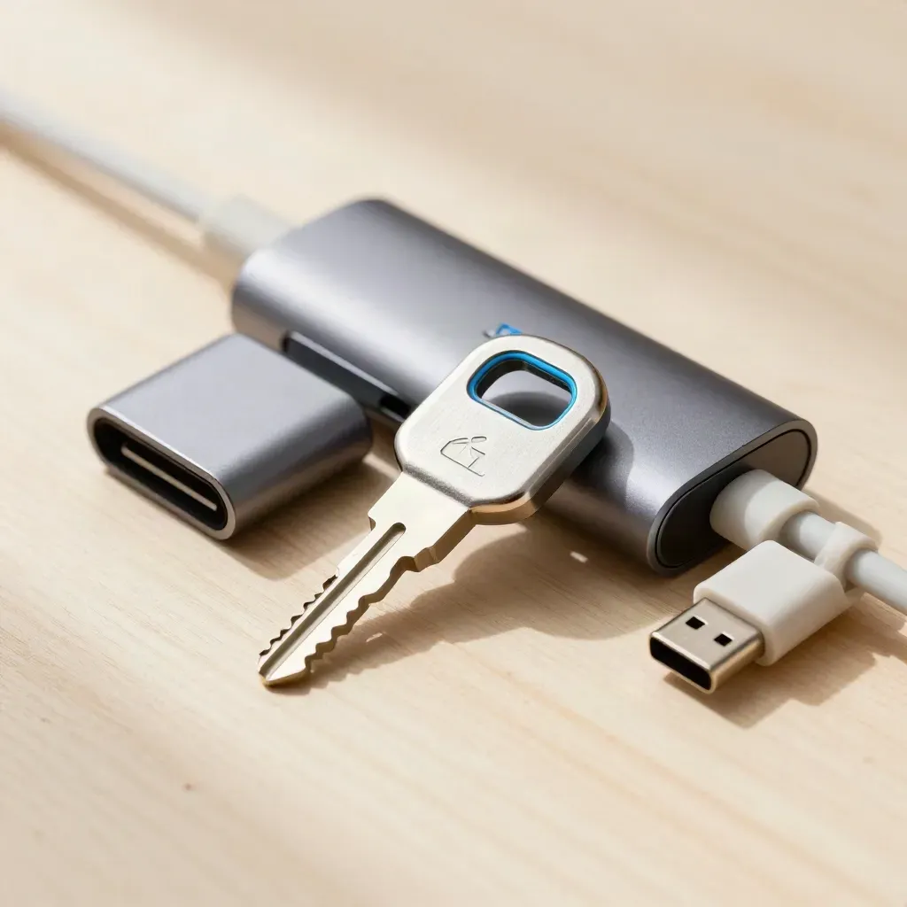 Macro still life of a security key, USB-C hub and access-point puck on pale wood.