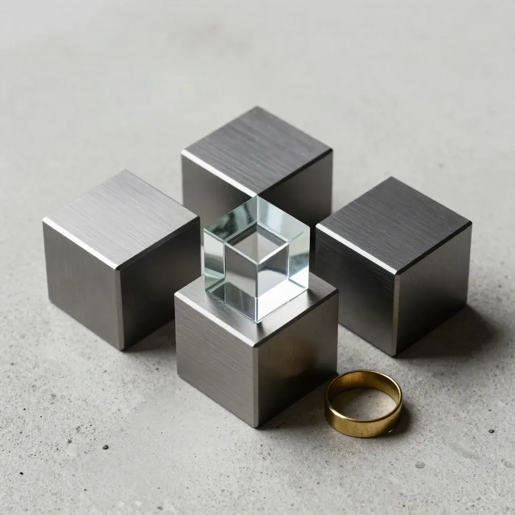 Top-down still life of aluminium blocks, glass paperweight and brass ring on pale concrete.
