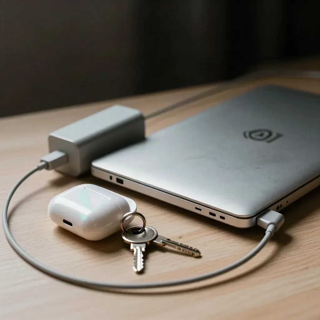 Closed laptop, charger brick, earbuds case and keys on pale wood with mint accent.