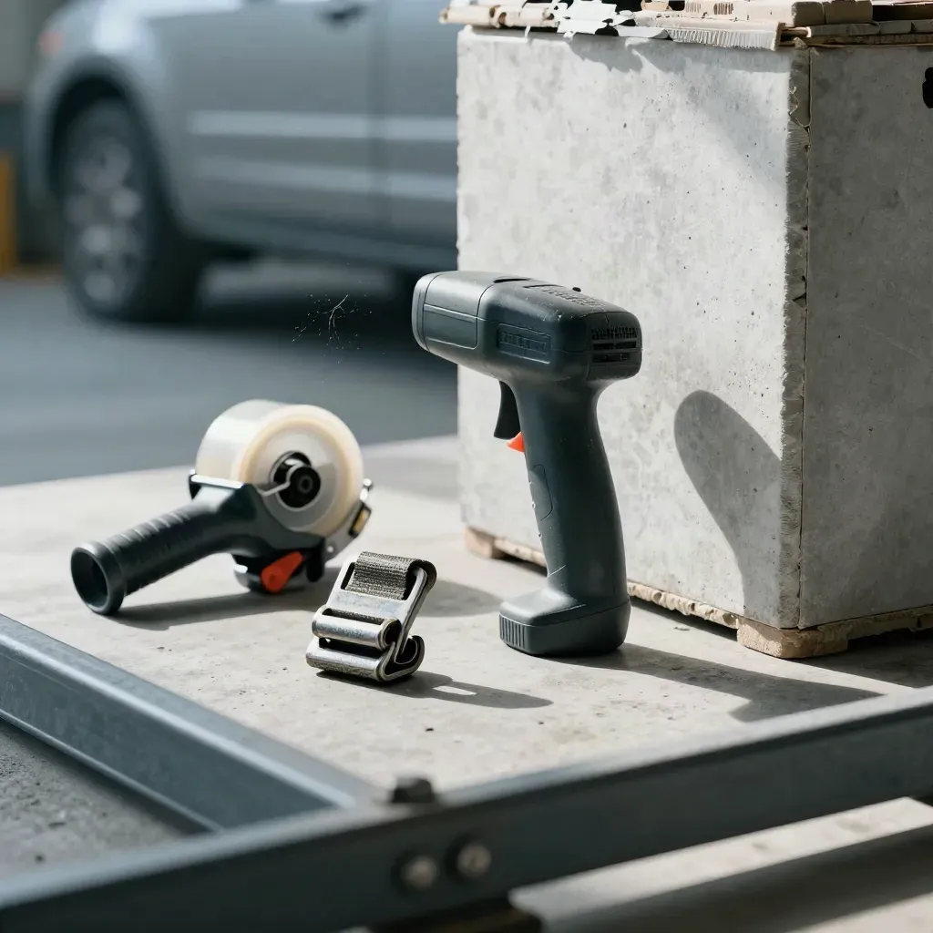 Scanner, tape gun and cargo buckle on concrete beside stacked crates in a warehouse still life.