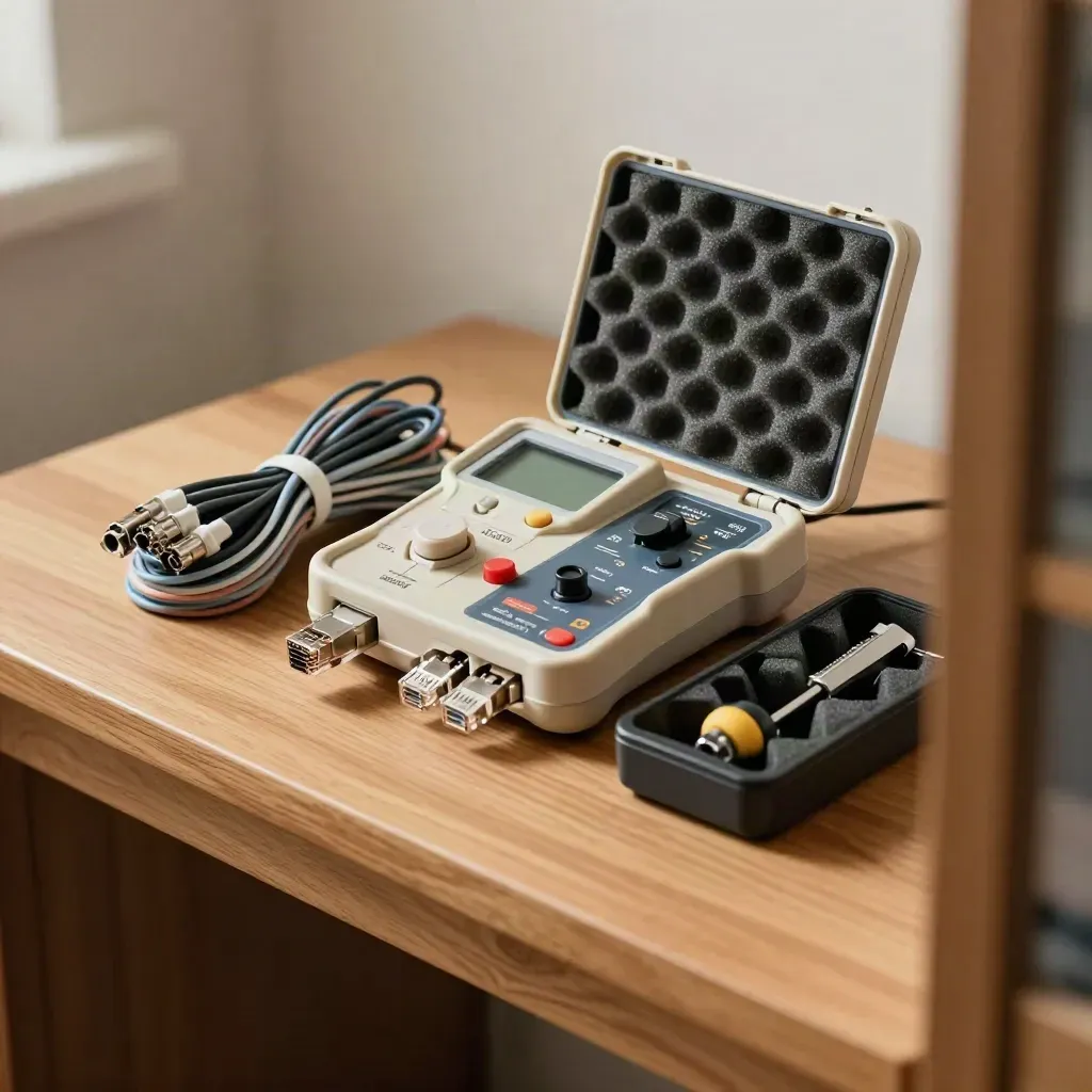 Network tester with Ethernet leads and tools in a foam tray, shot through a doorway edge.