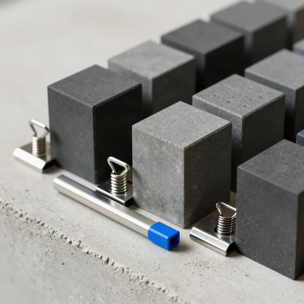 Graphite modular cubes and clips on pale concrete in a tight macro with blue accent.