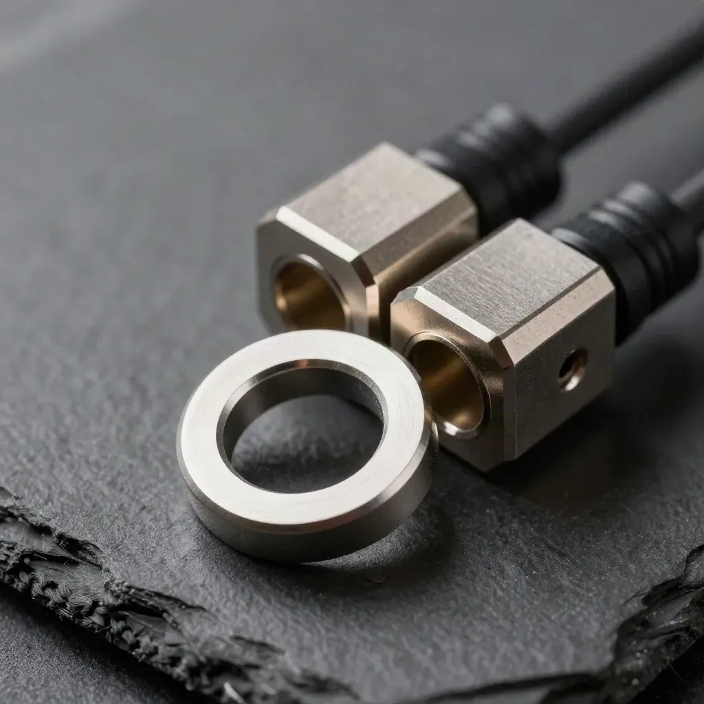 Linked rings, cable sleeve, and connector blocks on slate in dramatic studio light