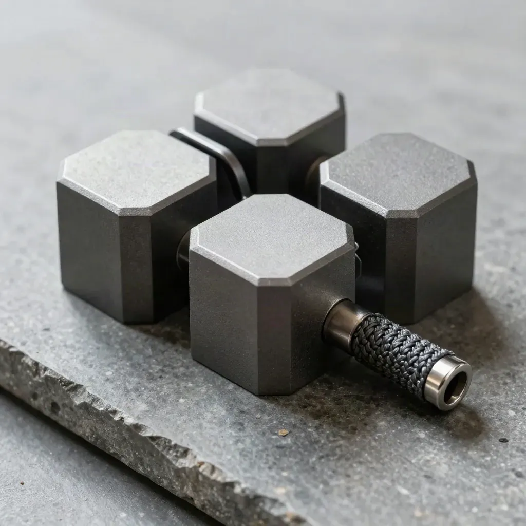 Top-down macro of hex connector blocks, clamp and patch lead on brushed stone.