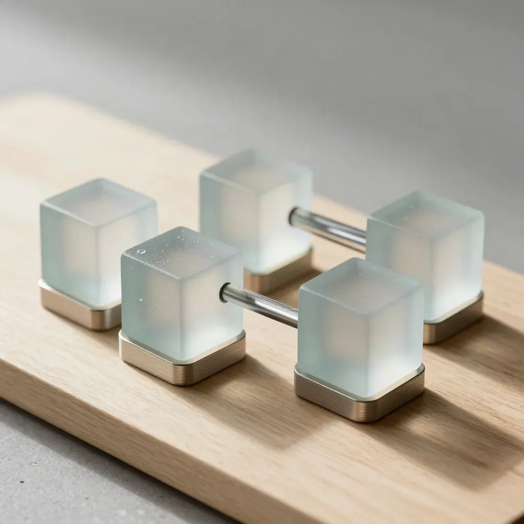 Frosted glass cubes and aluminium spacers on pale wood, shot overhead in soft daylight.